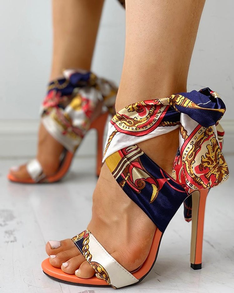 Floral Print Stiletto Heels With Ribbon Ties
