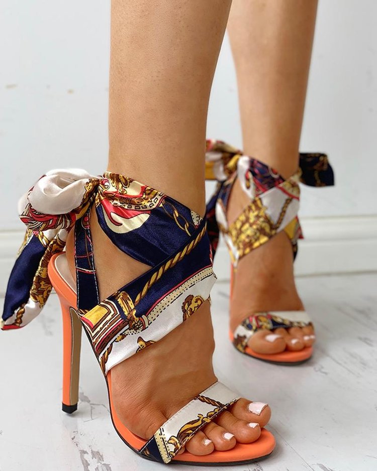 Floral Print Stiletto Heels With Ribbon Ties