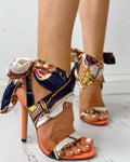 Floral Print Stiletto Heels With Ribbon Ties