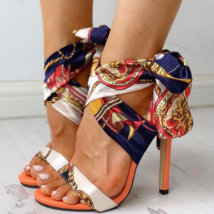 Floral Print Stiletto Heels With Ribbon Ties